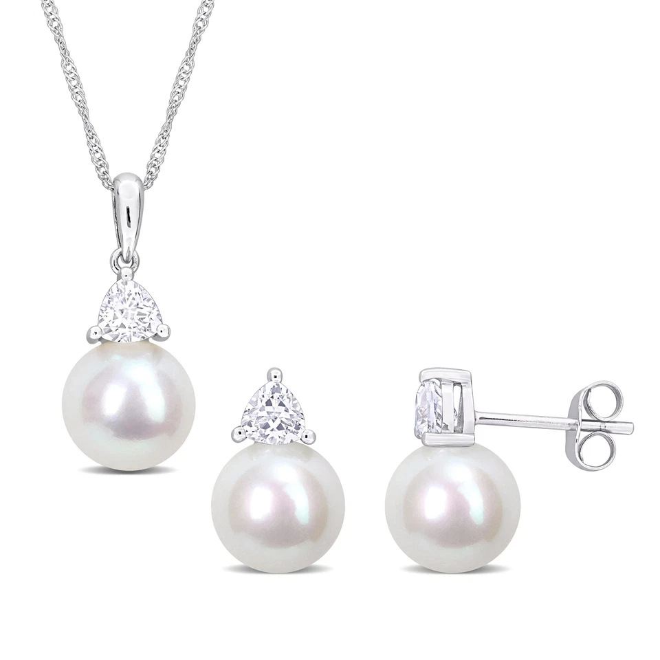 Amour 10K White Gold FW Pearl & Created Sapphire Earrings, Pendant & Chain Set