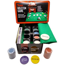 Texas Hold'Em Card Game Poker Casino Style w/ Metal Tin Mat Chips & Rack Unused