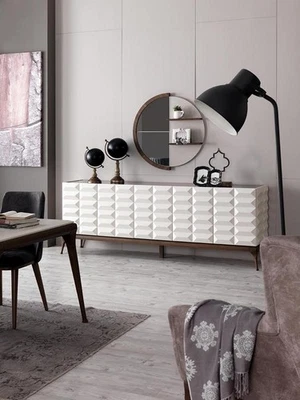 Designer Sideboard Hochglanz Spiegel Mit Regalen Kommode Schrank Weiß - Bild 1 von 3