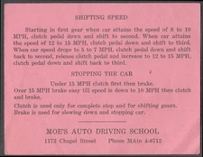 Moe's Auto Driving School New Haven CT Manual Shifting & Stopping card 1950s