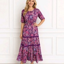 Womens Boho Midi Dress Size S Purple Pink Tribal Print Tiered Summer