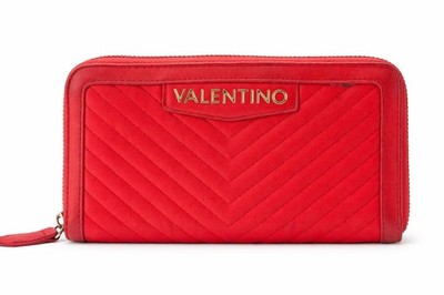 Valentino Red Zip Clutch Wallet Quilted Leather Large Wallet Women