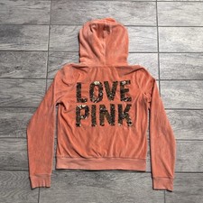 Y2K Victoria  s Secret Love Pink Sequin Zip Up Jacket Size Large Bling Velour