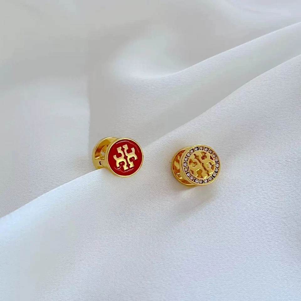 New! Tory Double Face Red & Crysta Gold Earrings with Jewelry Pouch Size:1.4*1.2 - Image 2 of 2