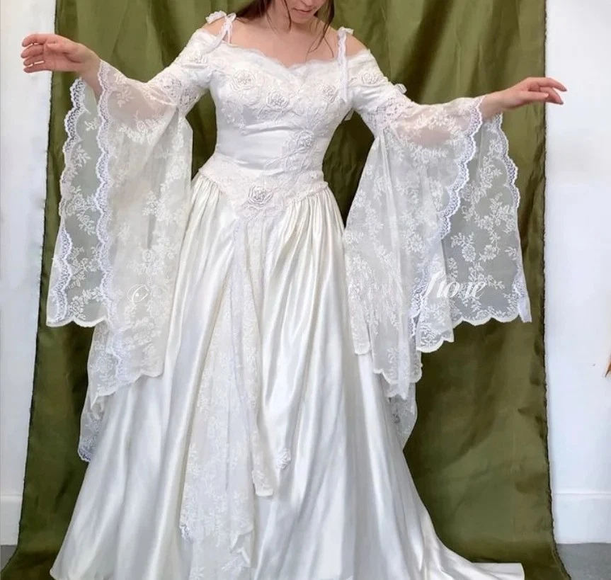Vintage Medieval Wedding Dresses Customisation White Strapless Fairy Long Sleeve - Image 2 of 4