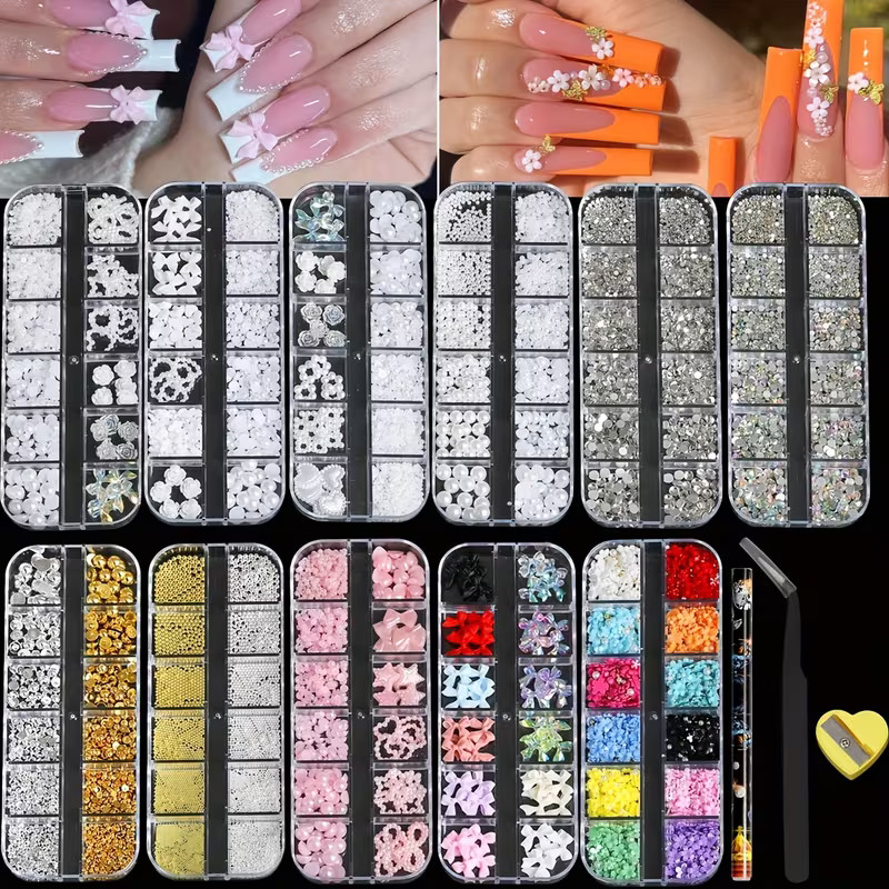 11 Boxes 3D Nail Art Decoration with Pearls Rhinestone Flowe