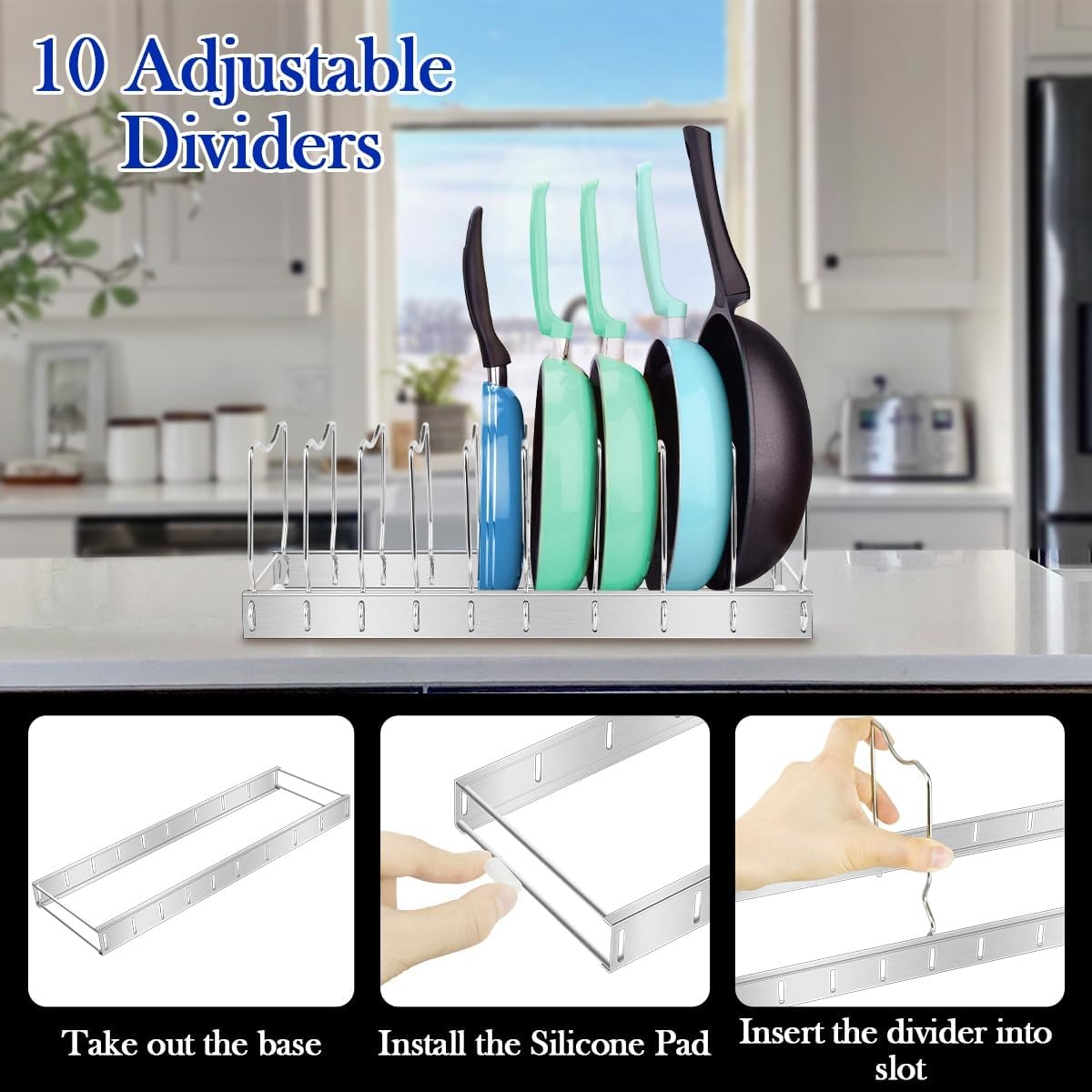 Adjustable Pot Lid Organizer Rack for Kitchen Cabinet Pots Pans Boards