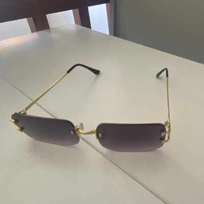 Men's Rimless Rectangle Sunglasses Gold Metal Frame Gray Tinted Plastic Lenses