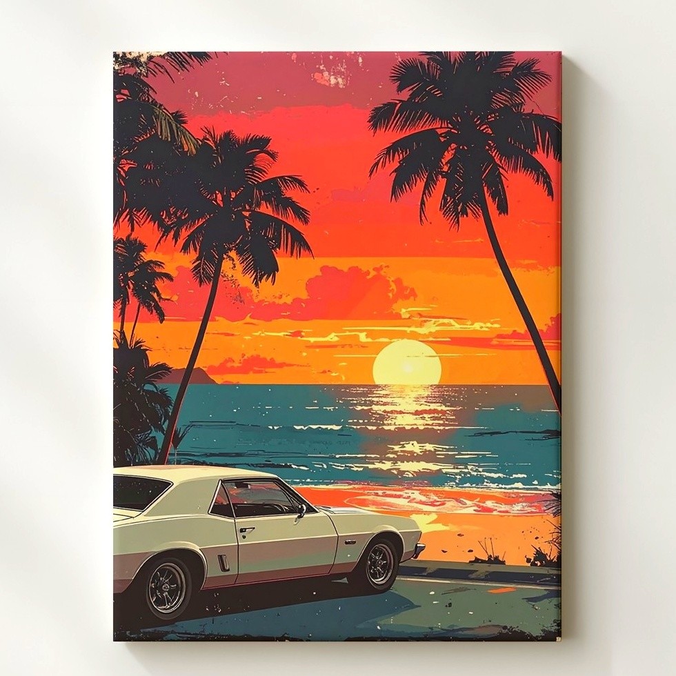 Retro Muscle Car Sunset Canvas 80S Synthwave Beachside Wall Art | eBay