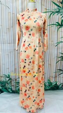 Orange Flower Ao Dai Traditional Vietnamese Long Dress - No Pants
