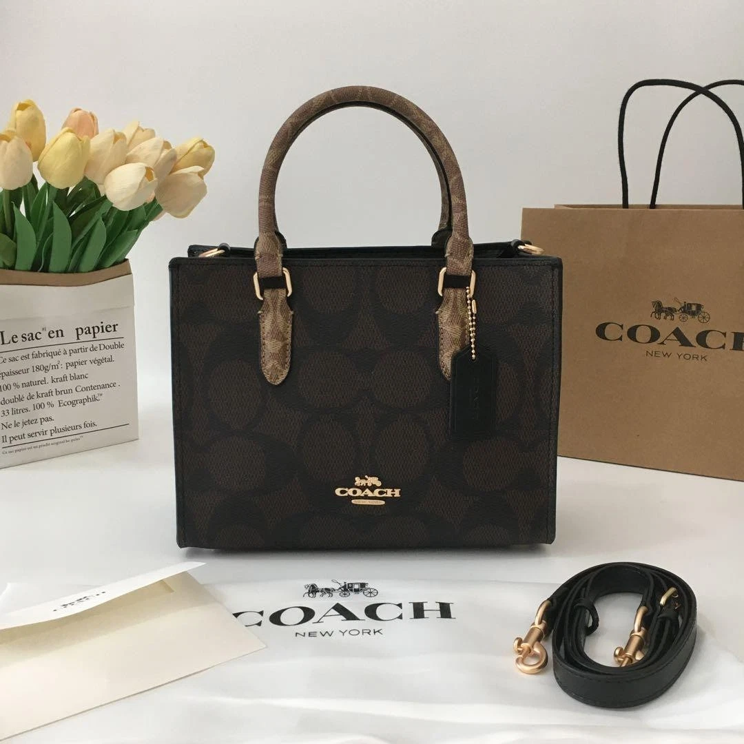 Borsa Coach Maggie piccola tote bag in tela firmata bloccata noce CY676 outlet nuova