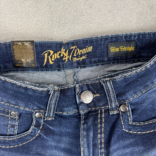 Pantalones de mezclilla ajustados rectos 33x32 elásticos puntada gruesa ajustados Rock 47 de Wrangler nuevos con etiquetas - Imagen 6 de 9