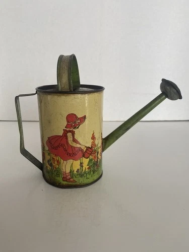 Antique Ohio Art Tin Litho Children's Watering Can, Little Girl Watering Flowers