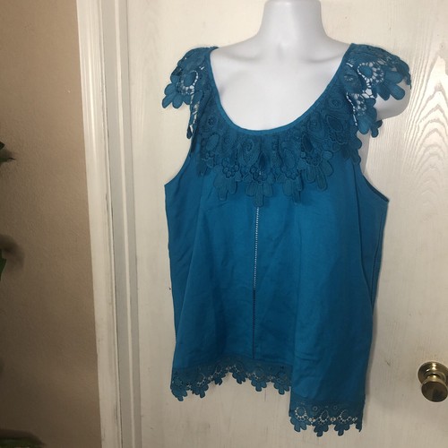 Blusa Top Ashley Stewart Mujer 16 Lino Azul Crochet Hada Playa Costera - Imagen 3 de 10