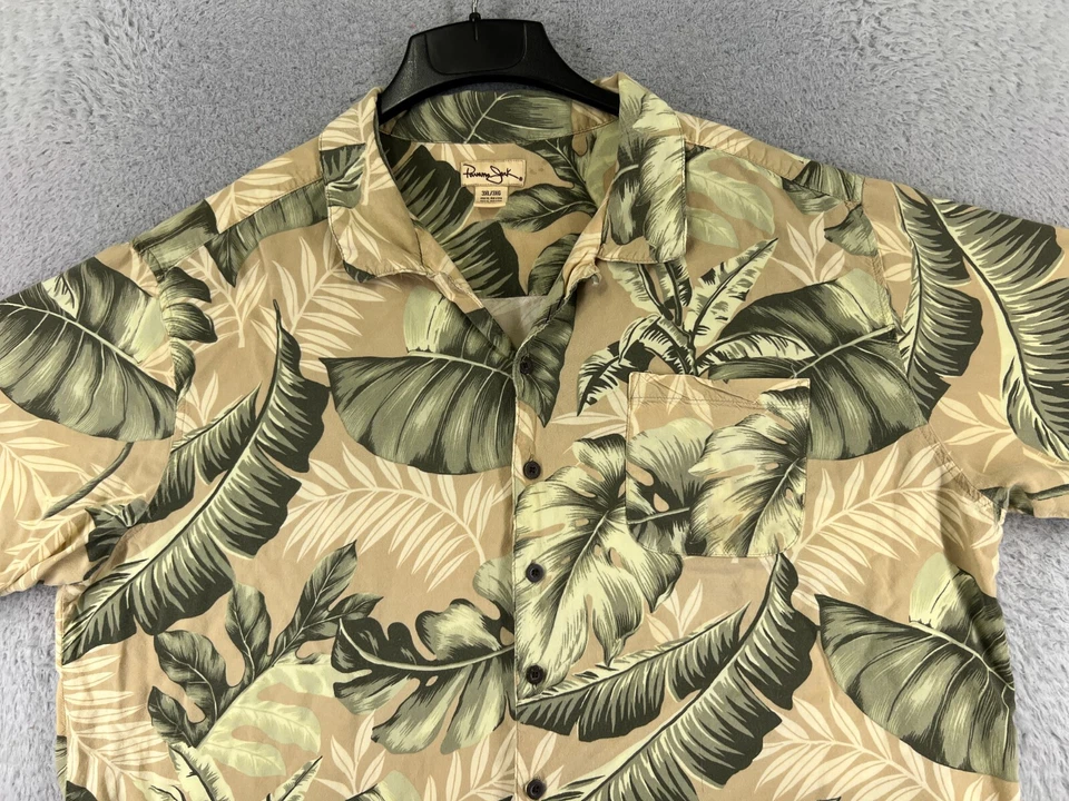 Camisa Panama Jack Adulto 3XL XXXL Amarilla Verde Floral Hoja de Palma Rayón Hawaiana Foto 4 de 4