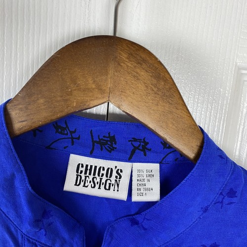 Chico's Size M Silk Linen Mandarin Collar Oriental Blouse Shirt Top Kimono - Picture 4 of 5