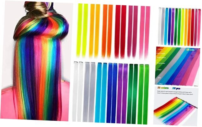 26 Pack Colored Party Highlights Clip in Hair Extensions 26Pcs Multi-colored