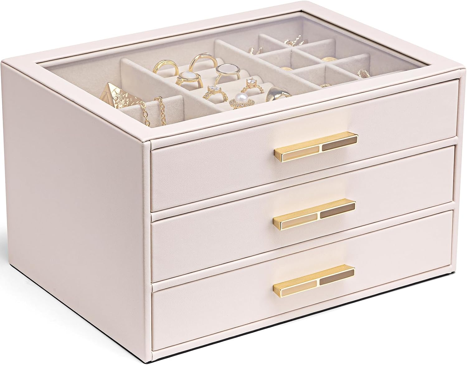 Elegant Glass Lid Jewelry Box with 3 Drawers for Necklaces Organizer-image