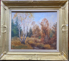 ::OIL PAINTING SIGNED G.STIPPER BIRCHES ON AUTUMN FOREST LANDSCAPE WITH FOREST PATH