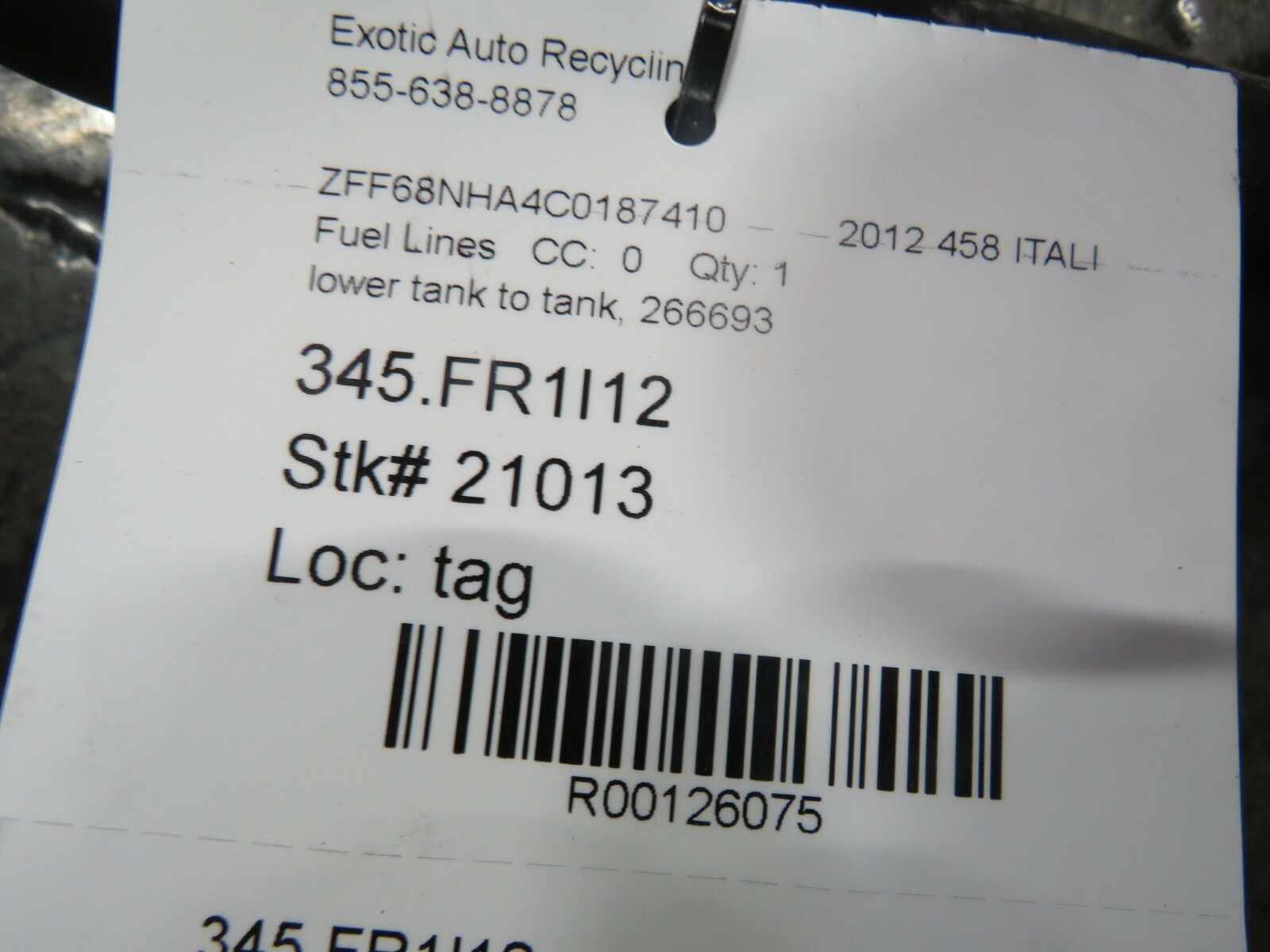 Ferrari 458 Italia, Spider, Lower Tank To Tank Fuel Line, Used, P/N 266693