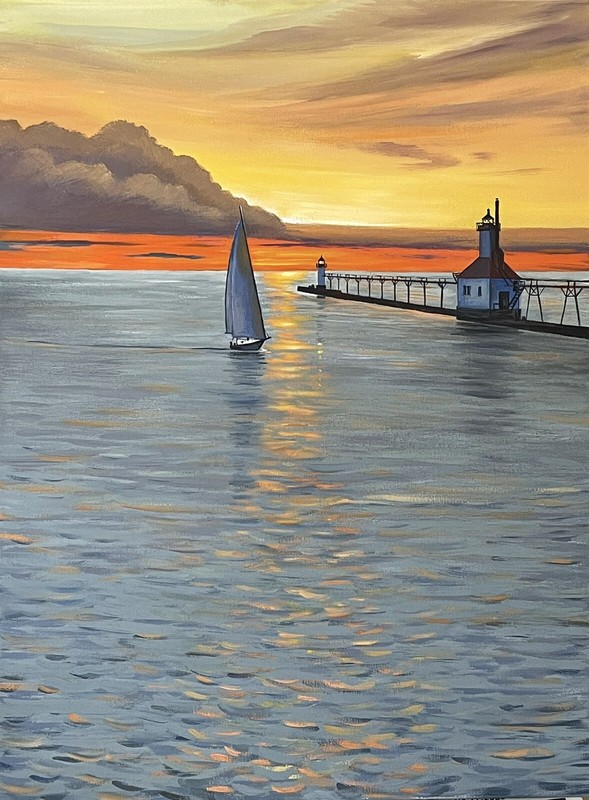 ORIGINAL Painting Art Ryta Lake Michigan On Canvas Lighthouse view Front House
