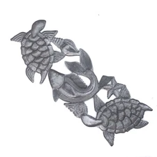 Handcrafted Haitian Sculpture, Sea Turtle & Snapper Fish, Nautical Decor 6"x17"