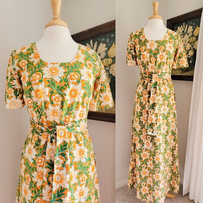 70s ' Ramona Rull ' Floral Block Print Tie Waist 1960s Vintage Caftan Maxi Dress