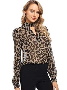 choker chiffon shein leopard sheer blouse neck sleeve