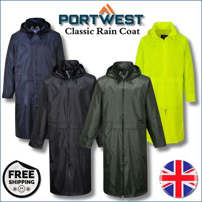 Portwest Mens Long Classic Waterproof Hooded Jacket Outdoor Rain Coat S438 UK