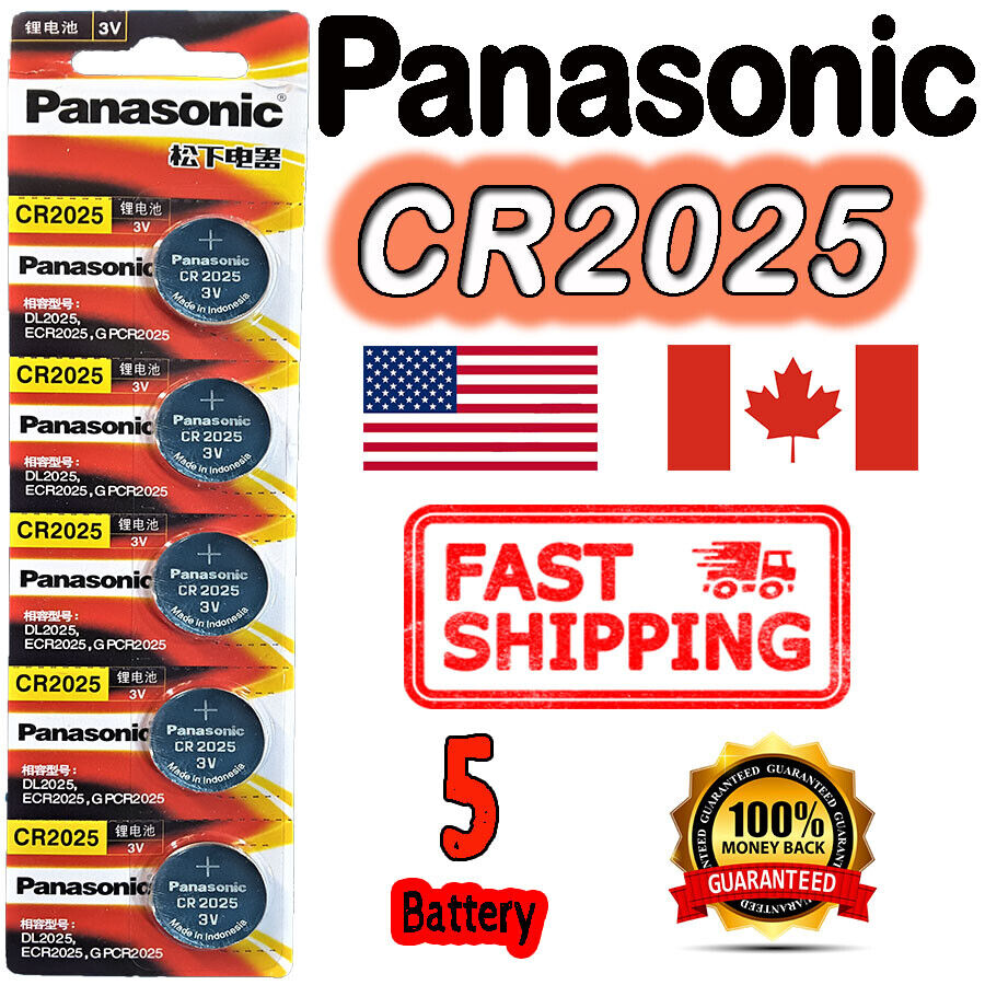 5 Pcs Panasonic CR2025 Button Cell Lithium Battery 3V. ** EXP. 2030, FREE RETURN