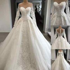 Luxury Long Sleeve Wedding Dresses Lace Appliques Beaded Bridal Gown Sweep Train