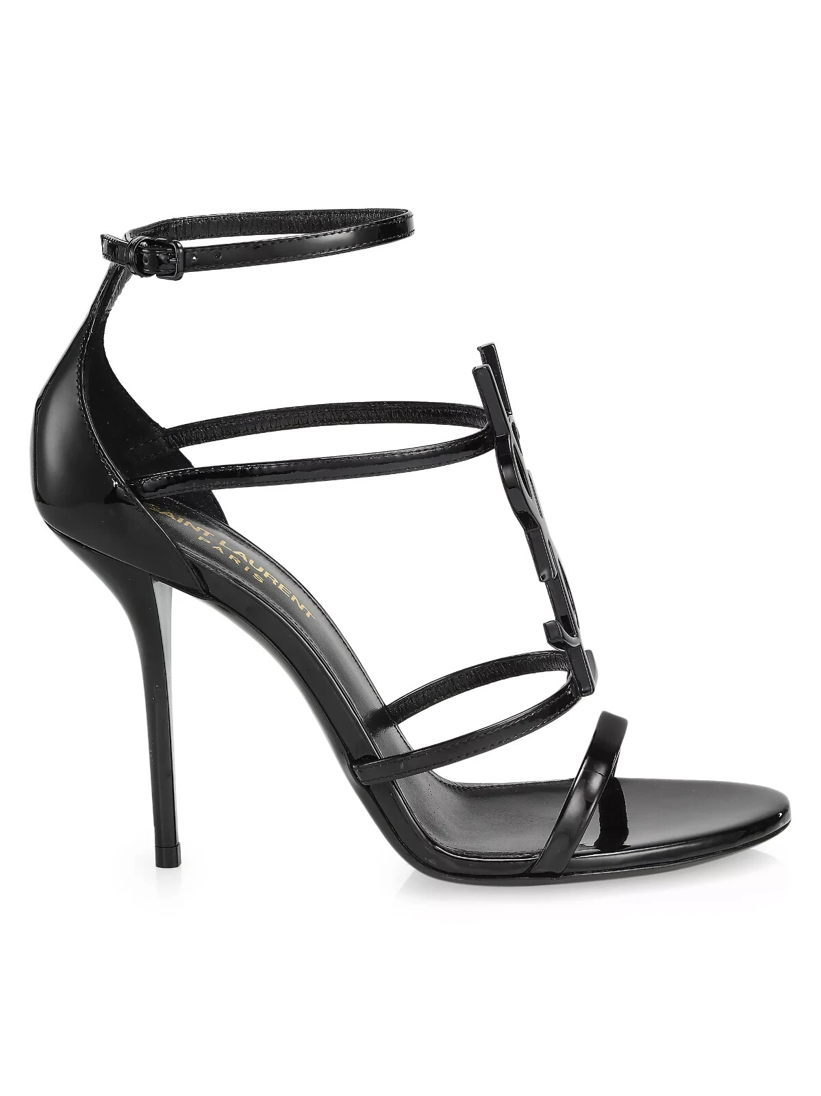 Saint Laurent YSL Logo Black Leather Cassandra Strappy Heel Sandal Size 38