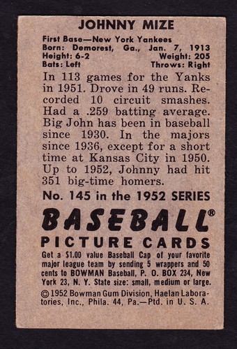 1952 BOWMAN #145 JOHNNY MIZE YANKEES - Picture 2 of 2