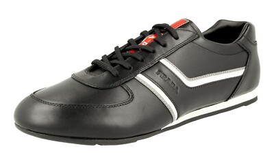 PRADA Leder Sneaker - 4E2735 Schwarz LINEA ROSSA Roter Streifen NEU