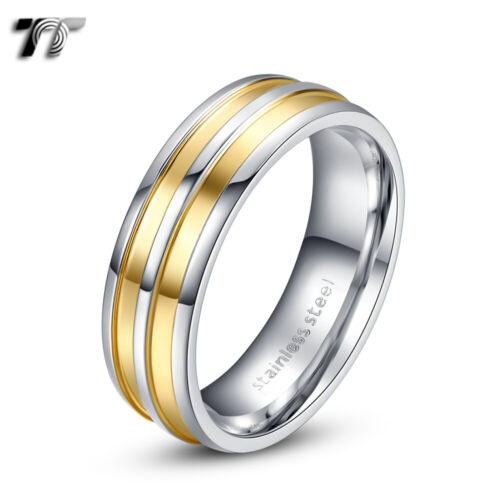 TT Two-Tone Double Gold Stripe Stainless Steel Wedding Band Ring (R340) - Picture 1 of 1
