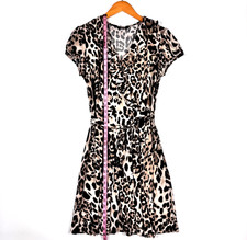 MSK Dress Women Large Beige Black Leopard Animal Print Wrap Style Short Sleeve
