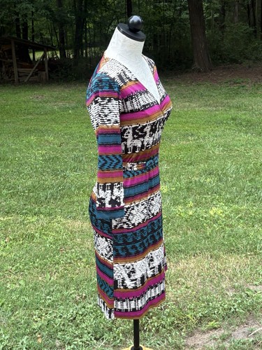 EUC Veronica M Wrap Dress Women S Pink White steal Gold V-Neck Artsy Cute! - Picture 3 of 8