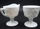 Vintage Milk Glass Grapevine Pattern Footed Creamer and Sugar Bowl Set 3.25" Dia