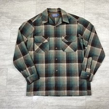 Vintage 60s/70s Pendleton Shadow Plaid Board Shirt Loop Collar Medium Long Green