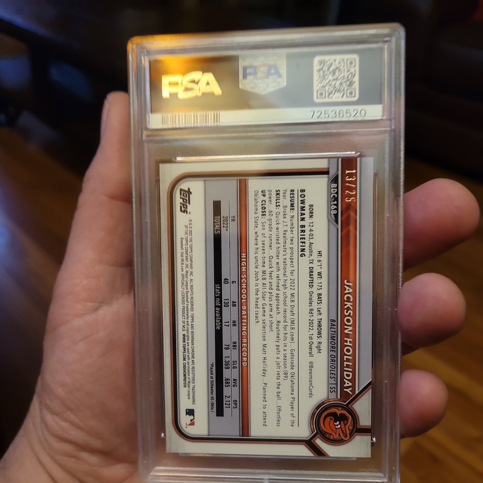 Jackson Holliday 2022 1st Bowman Draft Chrome True Orange Color match /25-PSA  9 view 2