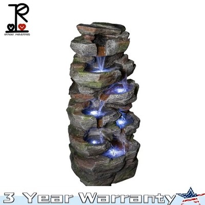 23.6 in Rock Waterfall Outdoor Fountain with LED Lights Stone Garden Fountains