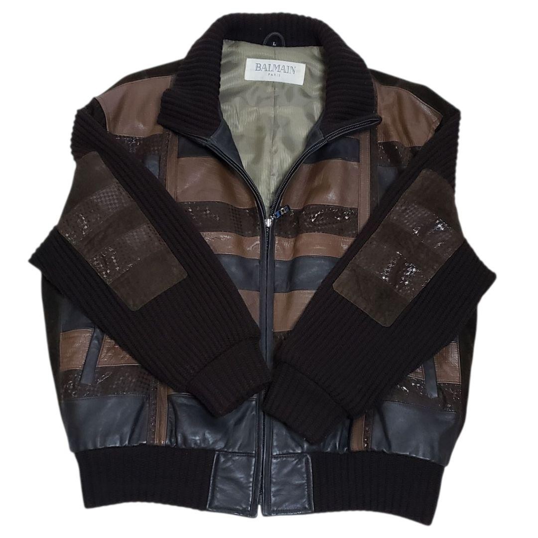 Balmain Leather & Wool Patchwork Jacket with Elbo… - image 11