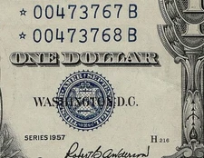 2 Consecutive 1957 $1 SILVER CERTIFICATE Star Notes Low Serial Numbers Crisp Unc