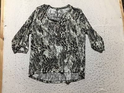 Cathy Blouse Plus Size 1X White Brown Cheetah Print 3/4 Slv  Roll Tab 1/2 Button
