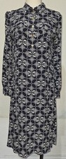 Tory Burch Navy Blue Logo Print Long Sleeve Silk Dress Size 6