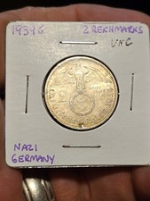1939 G Germany 2 Reichsmark Hindenburg 62.5% Silver Coin Third Reich WWII Era UN