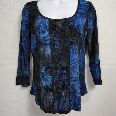 Sera Nade Burnout Velvet 3/4 Sleeve Popover Tunic Women's S Lace Trim Corset