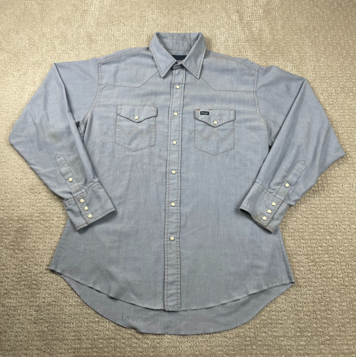 Vintage Wrangler Western Shirt Mens L? Blue Chambray Pearl Snap Cowboy Rodeo 90s