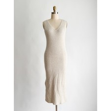 Cable & Gauge Studio Ribbed Knit Midi Dress M Beige V-Neck Sleeveless Soft