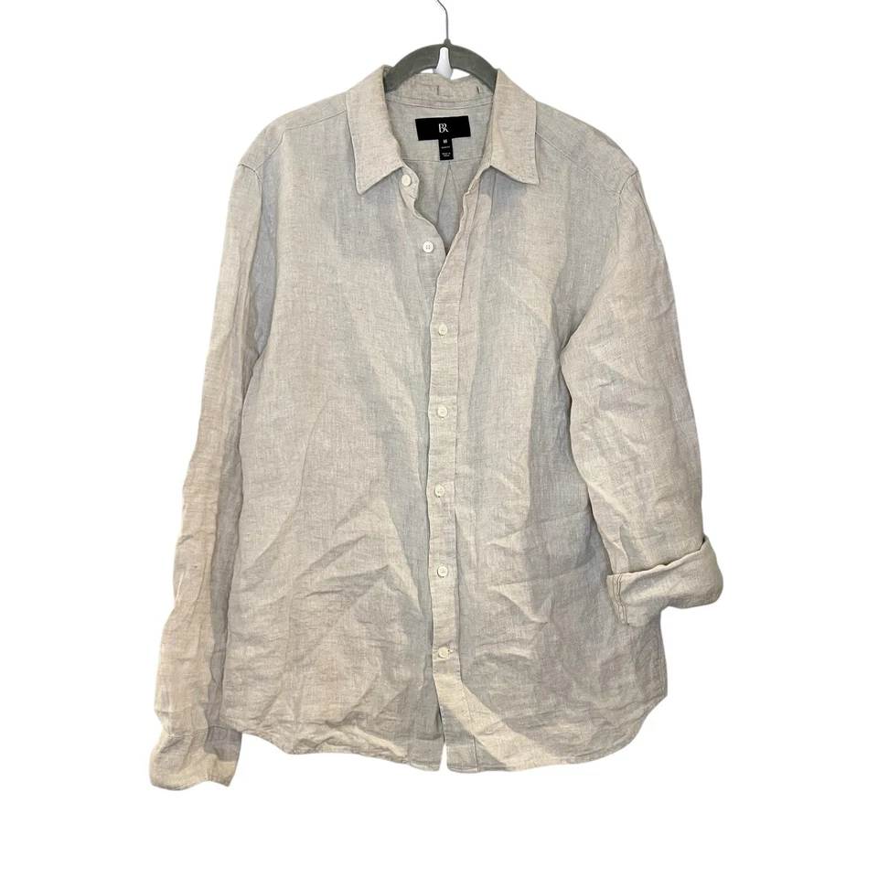Banana Republic Shirt Mens M Khaki Beige Solid Slim Fit Linen Cotton Coastal - Image 2 of 4